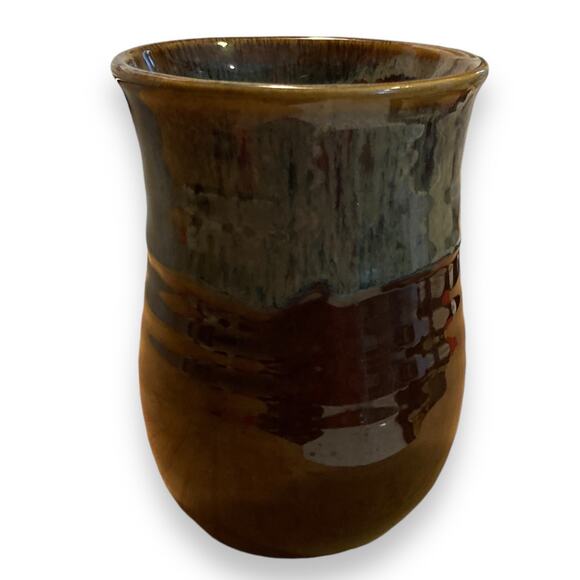 Hand Thrown Clay Blue Tan Brown Glazed Hand Warmer Tea Cup Coffee Mug Fall - Picture 2 of 15